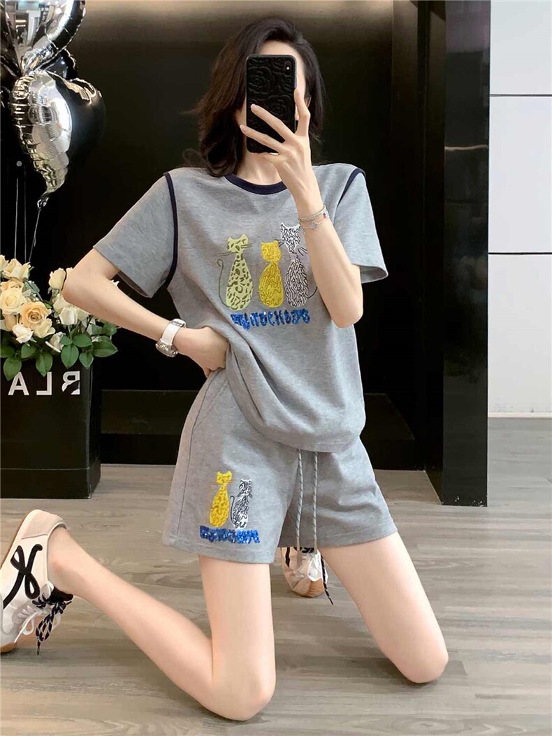 韩版休闲时尚套装女夏款个性简约圆领印花刺绣上衣阔腿短裤两件套,女装套装/套裙,江南
