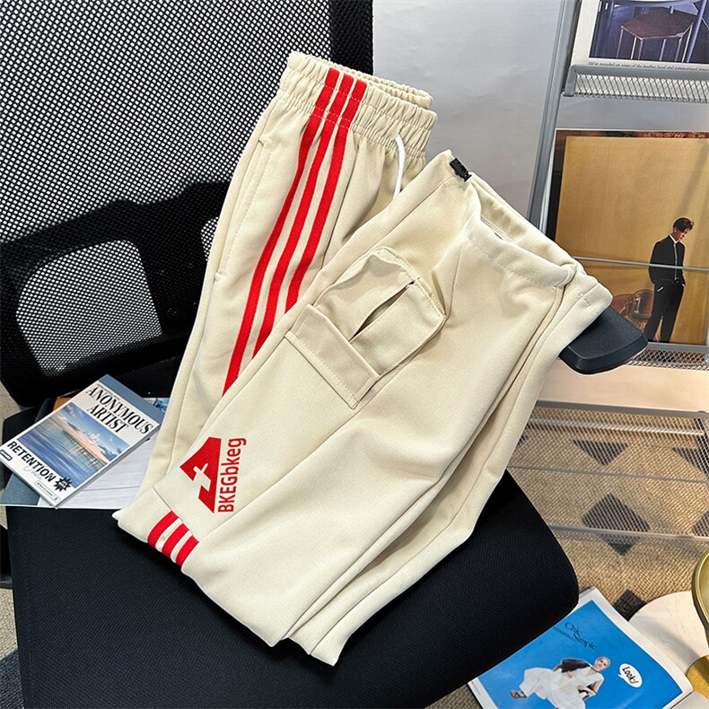 秋款男卫裤工装大口袋三条杠条纹字母图案印花抽绳束脚裤K10P45,男装休闲裤,星座1013-1