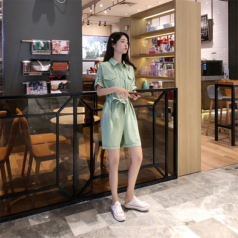 现货款夏装时尚短袖连身裤纯色工装连体衣裤16088822，女装连体裤，艾青服饰