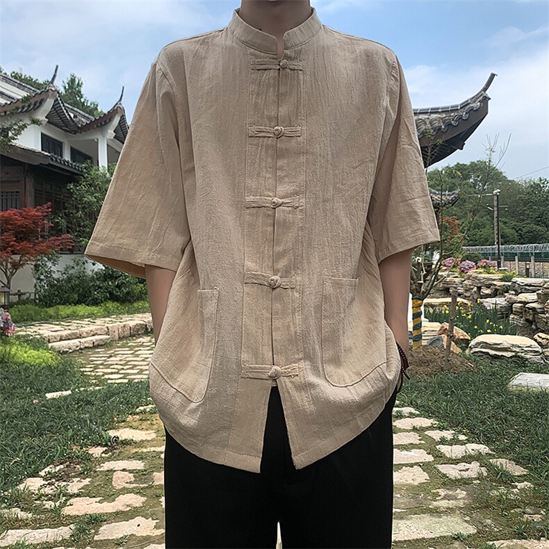 短袖中山装男青少年新中式国风男装亚麻衬衫复古盘扣kimono道袍潮,男装T恤,星座205-5