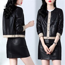 现货主推2022年秋季新款修身显瘦显高拼接皮衣外套女，女装皮衣，江南女神