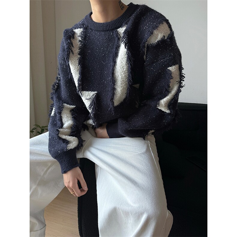 撞色毛边针织上衣圆领慵懒肌理感艺术宽松时尚毛衣HY833TP55控88，男装针织衫/毛衣，电商A102B