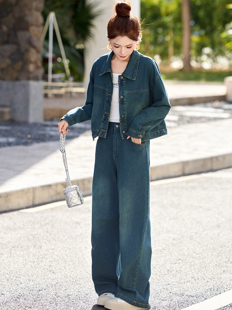 新中式牛仔套装女2025春新款超好看独特漂亮超火减龄阔腿裤两件套,女装套装/套裙,欣品汇