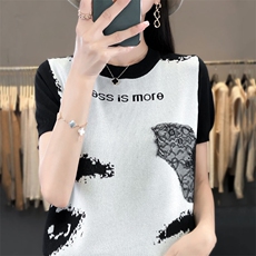 新款女装冰丝短袖针织衫水墨画图案拼接蕾丝设计时尚百搭显瘦上衣，女装针织衫/毛衣，萱芳婷羊绒