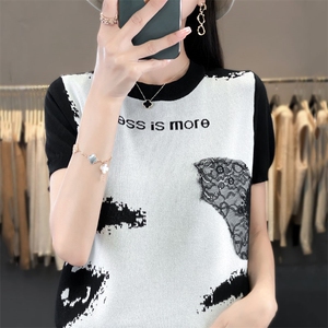 新款女装冰丝短袖针织衫水墨画图案拼接蕾丝设计时尚百搭显瘦上衣图片