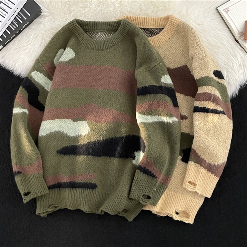 秋冬男圆领套头毛衣扎染印花针织衫破洞流苏休闲外套M5606P55,男装针织衫/毛衣,星座1013-1
