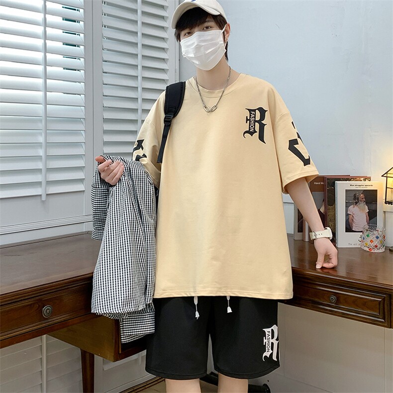 高品质新款夏季短袖T恤套装青少年纯棉宽松潮流男装DF319P65,男装休闲套装,电商A086