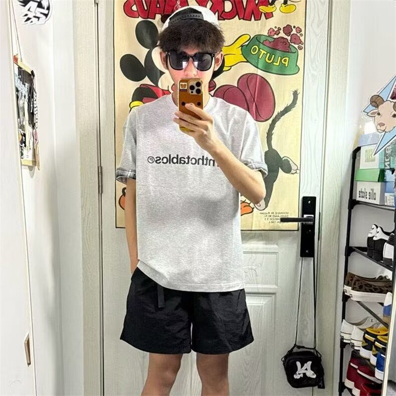 美式复古潮牌t恤女夏季格纹拼接灰色圆领短袖宽松情侣休闲上衣潮,男装T恤,星座506A