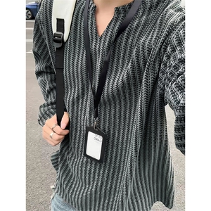 美式高街千鸟格子长袖T恤男女亨利V领英伦雅痞休闲宽松长袖打底衫图片