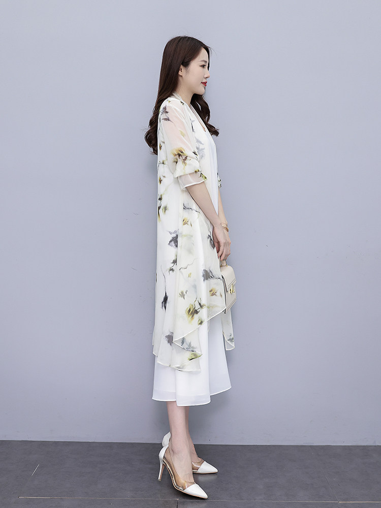 夏季新款优雅印花防晒外披长款连衣裙两件套,女装连衣裙,秀美人生