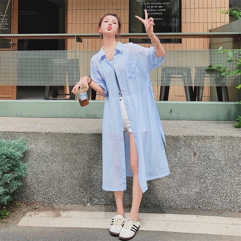 高级感蓝色五分袖条纹衬衫外套女夏2025新款宽松休闲防晒长款上衣,女装衬衫,浙宝217