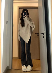 法式蝙蝠袖不规则针织衫女慵懒风早秋季韩系穿搭宽松套头毛衣上衣图片