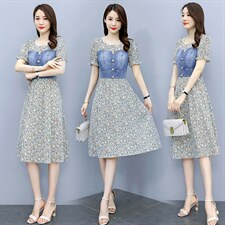 汉派鑫源时尚拼接牛仔连衣裙女2025新款夏季微胖身材收腰牛仔裙子，女装连衣裙，涵亦佰惠