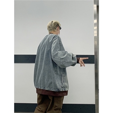 美式水洗做旧棒球服外套男秋季vibe潮牌宽松休闲字母贴布牛仔夹克，男装工装外套，星座1210-1