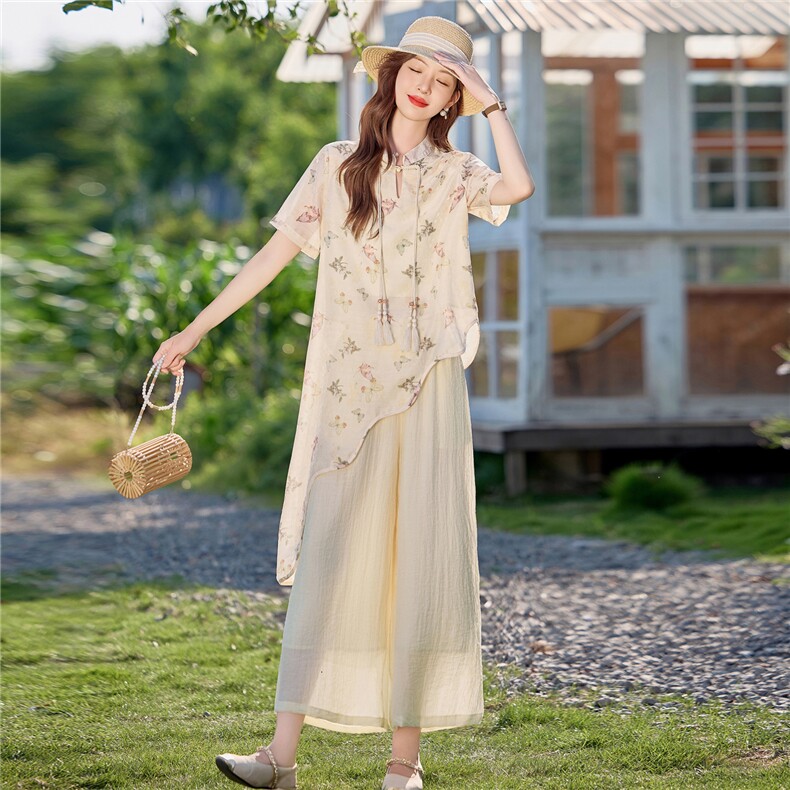 2025年欣品汇8105夏季新中式雪纺印花不规则时尚潮流两件套,女装套装/套裙,欣品汇