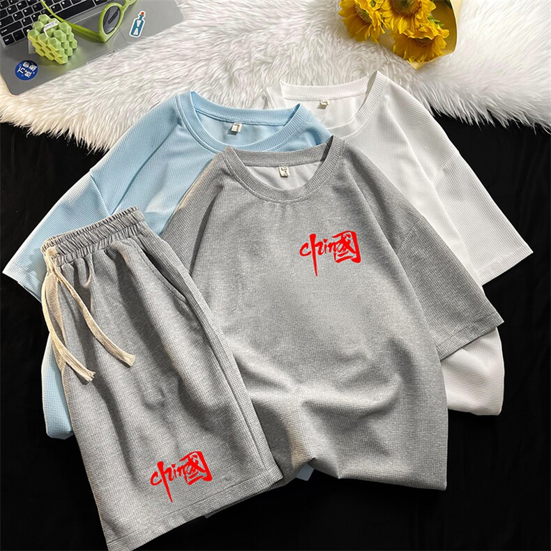 HZ75276-P44华夫格套装男大码休闲运动套装两件套,男装休闲套装,电商A040