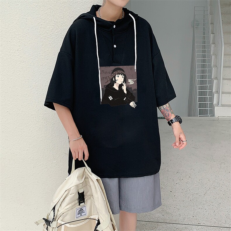 LD54122-P45连帽短袖t恤男大码胖子带帽五分袖中袖,男装T恤,电商A040