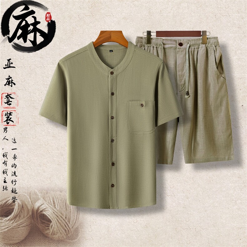 高端男士中老年风亚麻短袖衬衫短裤套装中年棉麻休闲T恤，男装牛仔裤，钱塘723