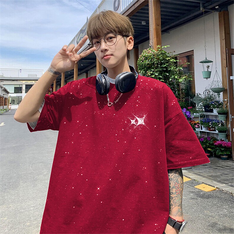 可48小时发货支持抖音得物来样二开美式满天星亮片短袖T恤MTX663,男装T恤,电商A486