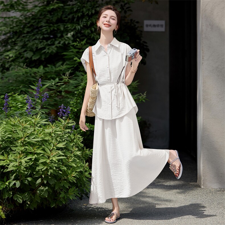 优雅新中潮夏日裙两件套女2025夏季新款设计感衬衫半身裙套装显瘦,女装套装/套裙,意芙