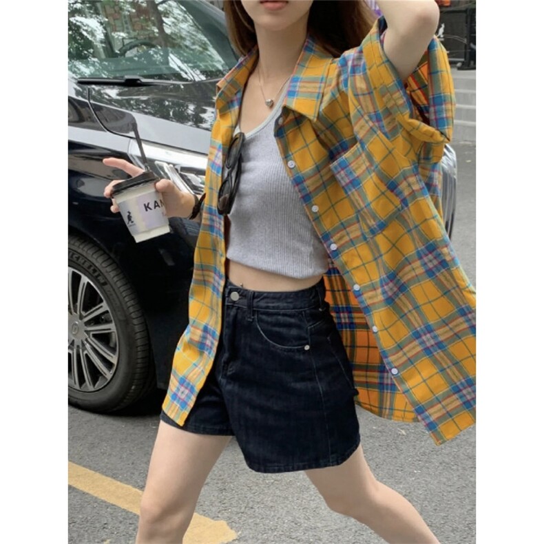 TC520-P45格子夏季短袖衬衫男友风宽松情侣休闲外套潮牌,女装衬衫,星座617A-2