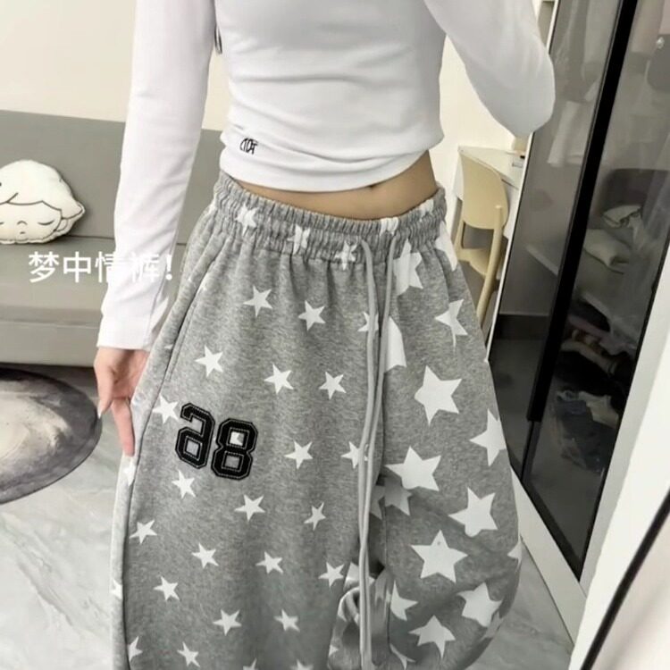 满印星星休闲阔腿裤女2025新款秋季超火宽松慵懒百搭街舞运动裤,女装休闲裤,星座506A