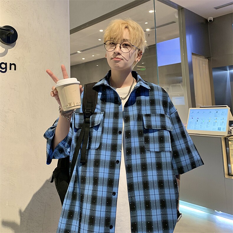 高品质重工烫钻格子短袖衬衫满天星男士帅气百搭衬衣c107,男装T恤,星座903-1