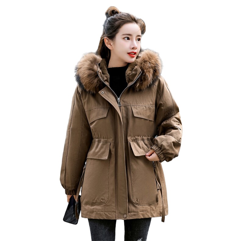 棉衣/棉服2021新款冬仿羊羔毛中长款工装带帽派克服女外套,女装派克服,瑶迪依秀