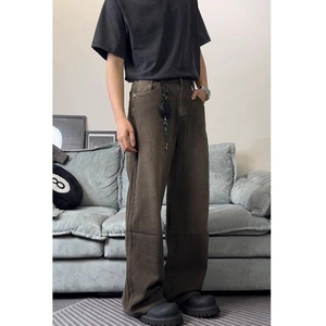 美式洗染棕复古牛仔裤男潮牌新款宽松垂感直筒cleanfit阔腿长裤子图片