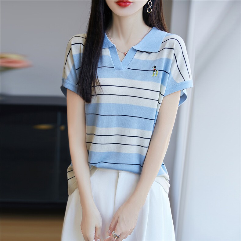 2025夏新款撞色条纹polo领针织冰丝小飞袖上衣女洋气短袖t恤小衫，女装针织衫/毛衣，唐诺