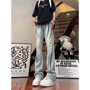 美式复古男女破洞设计感瘦直筒微喇牛仔裤S767 P39图片