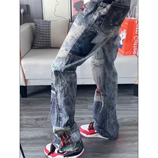 欧美百搭绣花补丁破洞牛仔裤男士修身小脚裤弹力潮牌复古做旧裤子，男装牛仔裤，星座601-1