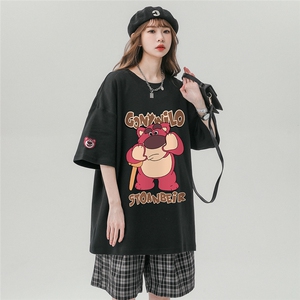 中性23夏季草莓熊潮流高克重磅纯棉酒红色短袖T恤T61103P30控48图片