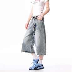 男士牛仔裤水洗拼接浅蓝七分短裤美式高街夏季裤子男，男装牛仔裤，星座410-6（原星座1304-1）