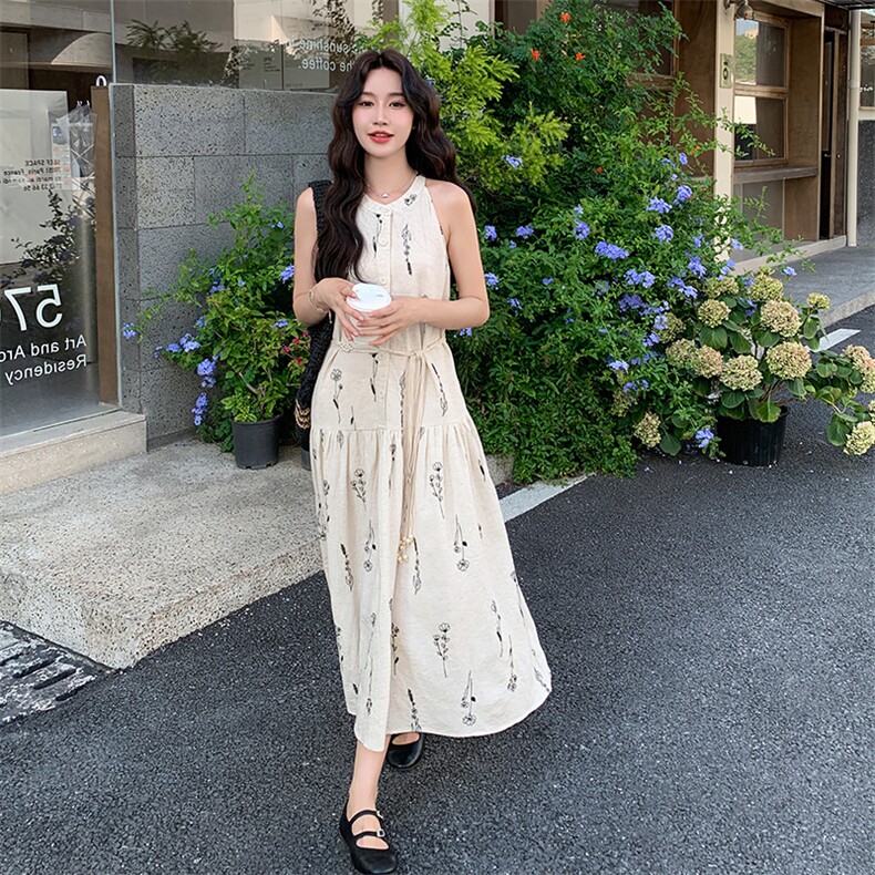 独特减龄感系带收腰印花挂脖连衣裙女夏2025新款绝美慵懒长裙及踝,女装连衣裙,2D034