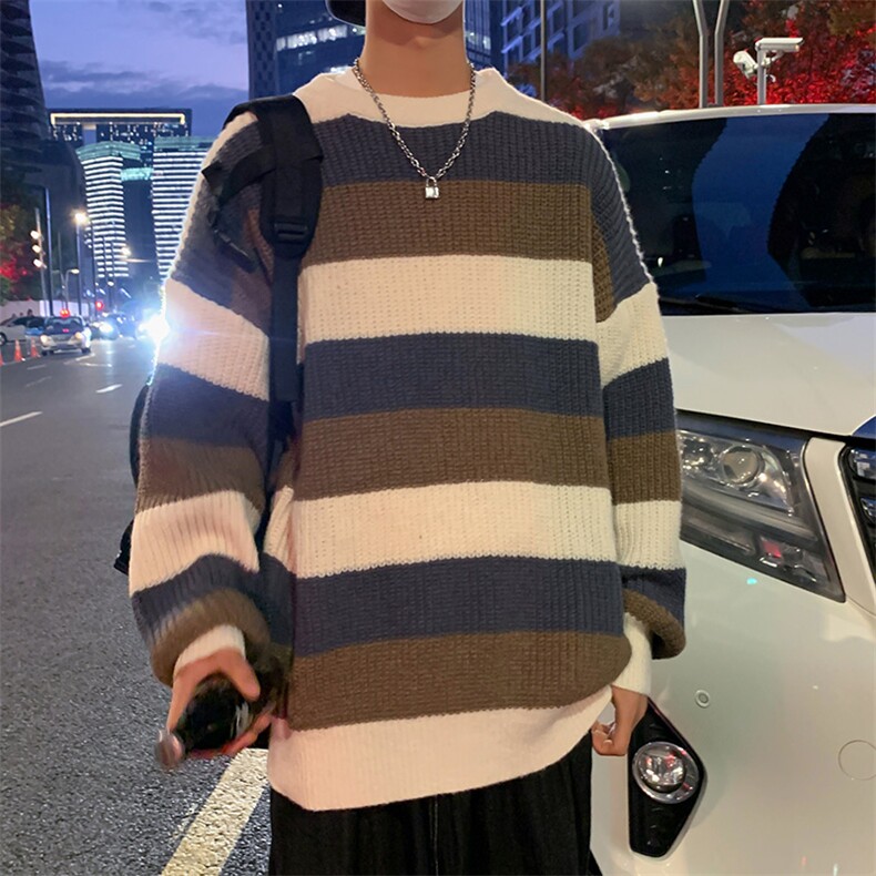 条纹拼色毛衣男秋冬ins潮宽松打底复古圆领情侣针织衫M323-P34,男装针织衫/毛衣,星座512-4