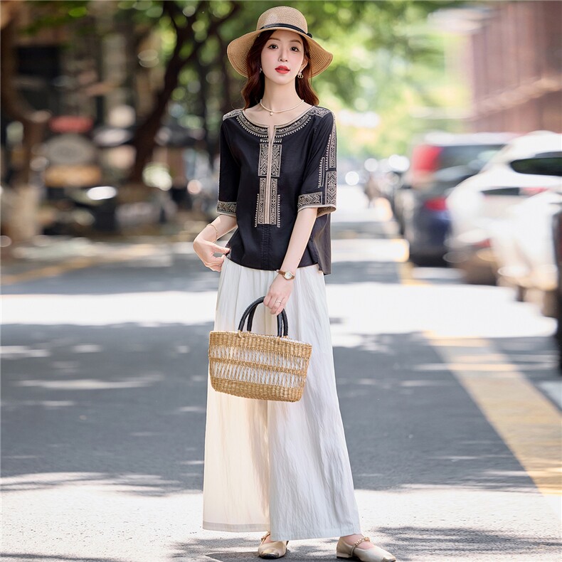 休闲印花棉麻套装女2025夏季新款宽松遮肉显瘦坠感阔腿裤两件套潮，女装套装/套裙，依路服饰