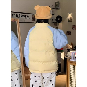 韩系少女撞色拼接立领棉服女美式宽松保暖情侣休闲棉衣图片
