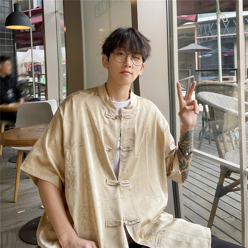新中式男痞帅高级感衬衣潮盘扣复古短袖衬衫812-CY518-P50控68,男装T恤,星座812