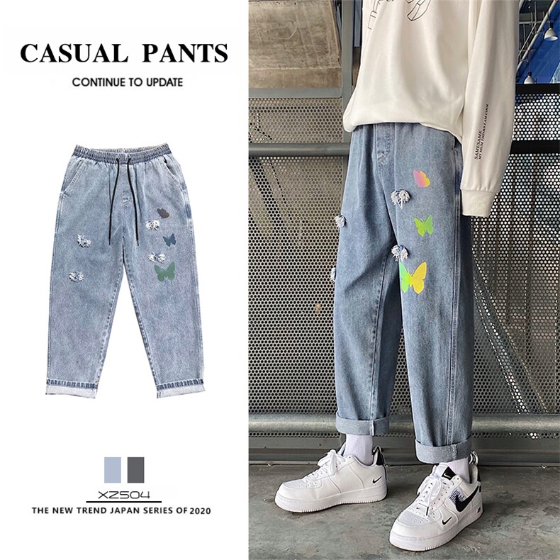 20港风新款破洞蝴蝶牛仔裤男宽松九分裤中性风长裤504-K2050-P50，男装休闲裤，星座504