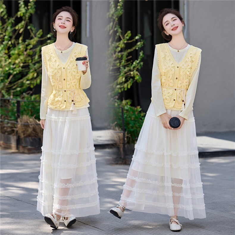 镂空钩花马甲+T恤+雪纺网纱半身裙三件套送腰带，女装套装/套裙，采品优优