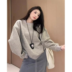 韩系慵懒条纹圆领卫衣女秋季新款设计感宽松显瘦百搭休闲长袖上衣，男装卫衣，星座516A