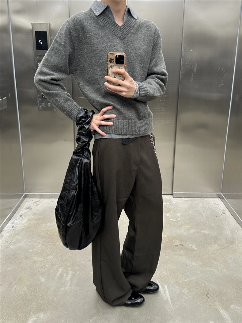 网图现货复古假两件v领翻领毛衣冬季cleanfit针织衫上衣外套P58,男装针织衫/毛衣,电商C306-1