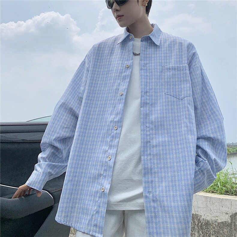 现货~格子大码长袖衬衫C5907/特P23浅蓝色,男装衬衫,电商A094