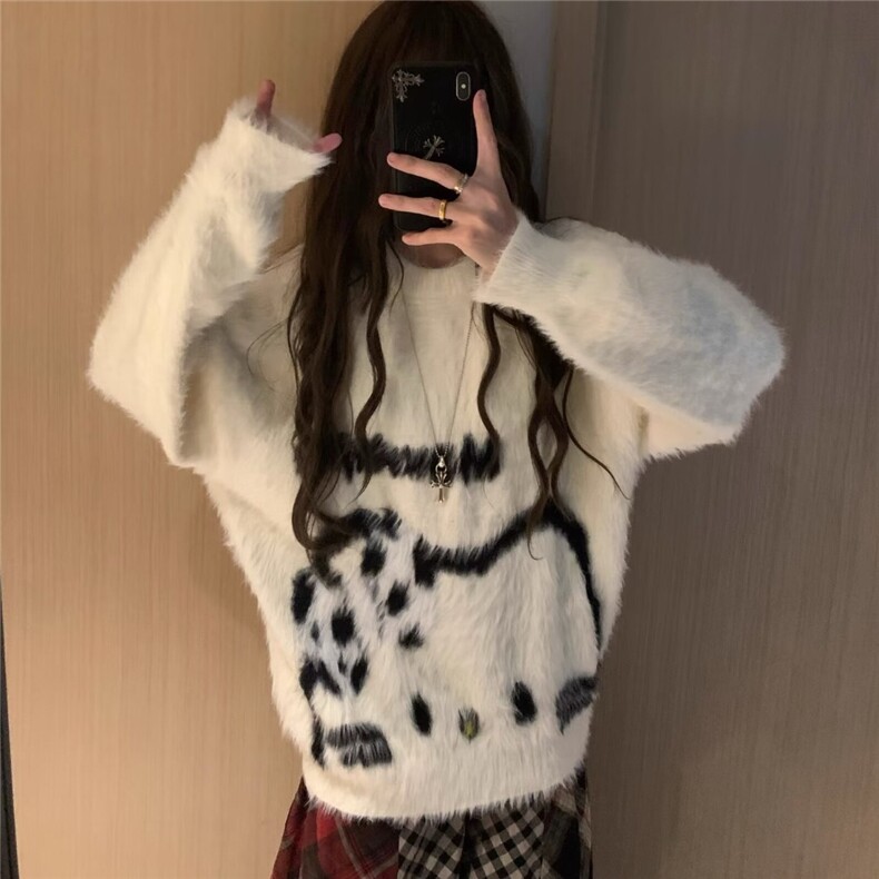 秋冬美式复古仿貂毛猫咪圆领套头毛衣男女秋针织衫外套图片