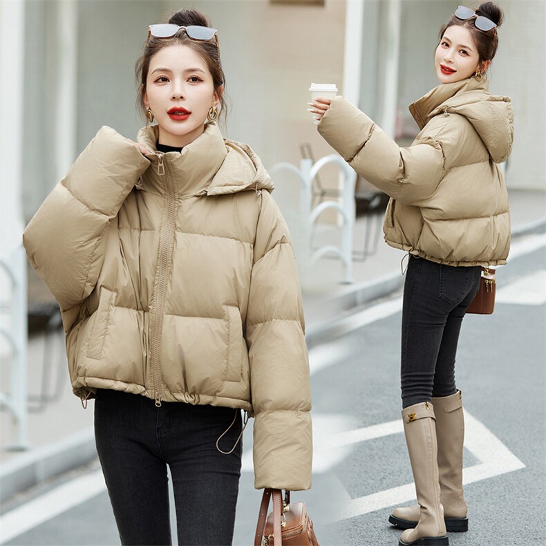 短款羽绒服女冬2023新款韩版小个子时尚洋气白鸭绒连帽面包服外套，女装羽绒服，欣美人