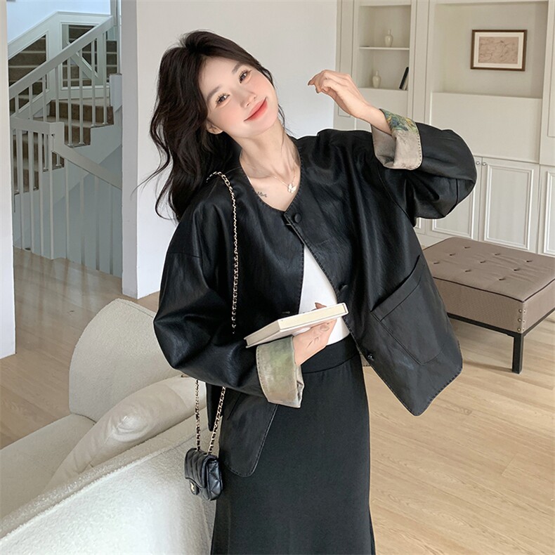新中式皮衣外套女2026春装新款设计感小众高级感风皮夹克上衣潮,女装皮衣,2C218