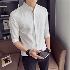 现货2021纯棉好品质七分袖衬衫男短袖修身立领中袖衬衣CS123P45，男装T恤，电商B413