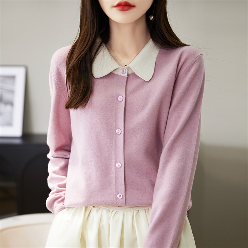 混纺翻领毛衣宽松翻领气质衫秋冬针织春秋显瘦长袖洋气短款时尚，女装羊毛衫，朝思羊绒