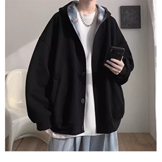 拼接格子连帽卫衣男秋冬季加绒加厚韩版潮流开衫外套宽松，女装短外套，星座1013-1
